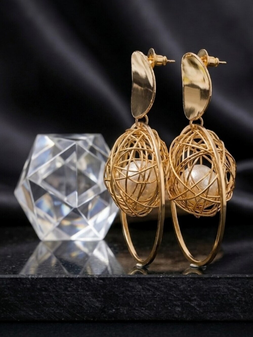 Gold Statement Earrings Wire Nest Ball Faux Pearl Geometric Circle Drop 2" - Picture 7 of 16